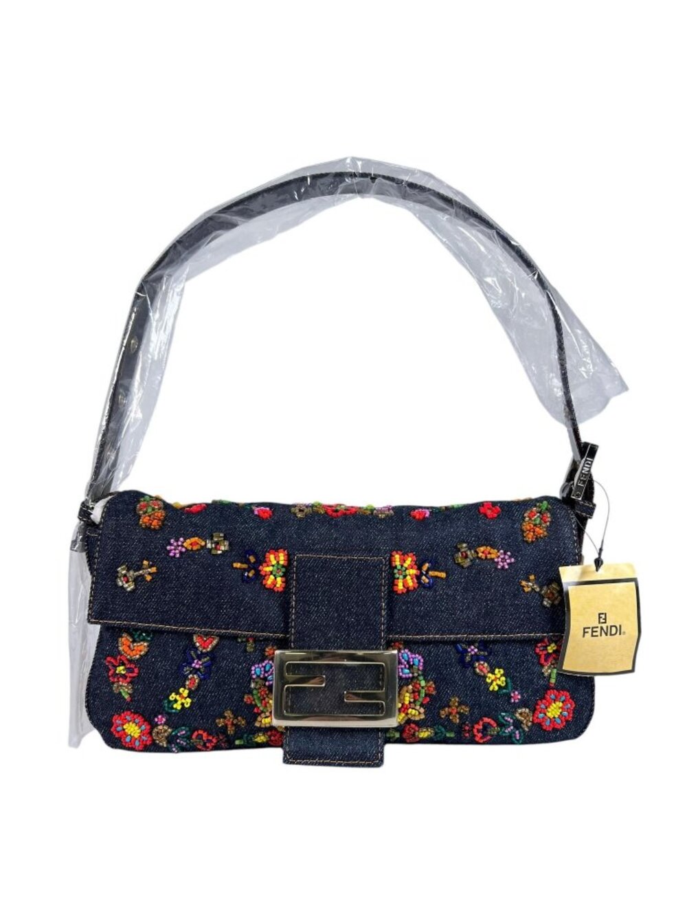 Fendi Mamma Baguette Handbag Denim Multicolor Beads Bijou Embroidery